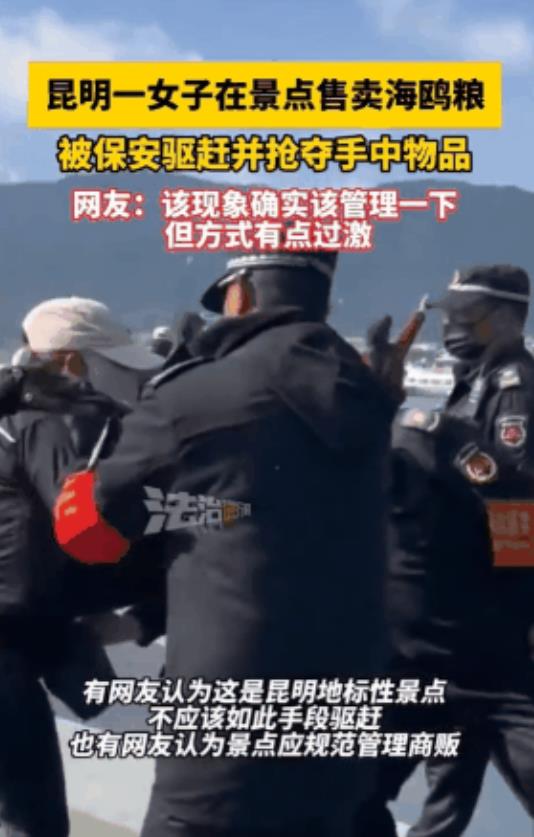 云南昆明，一女子在某景点售卖海鸥口粮，保安发现后抢了女子的东西，还拽着女子打算将
