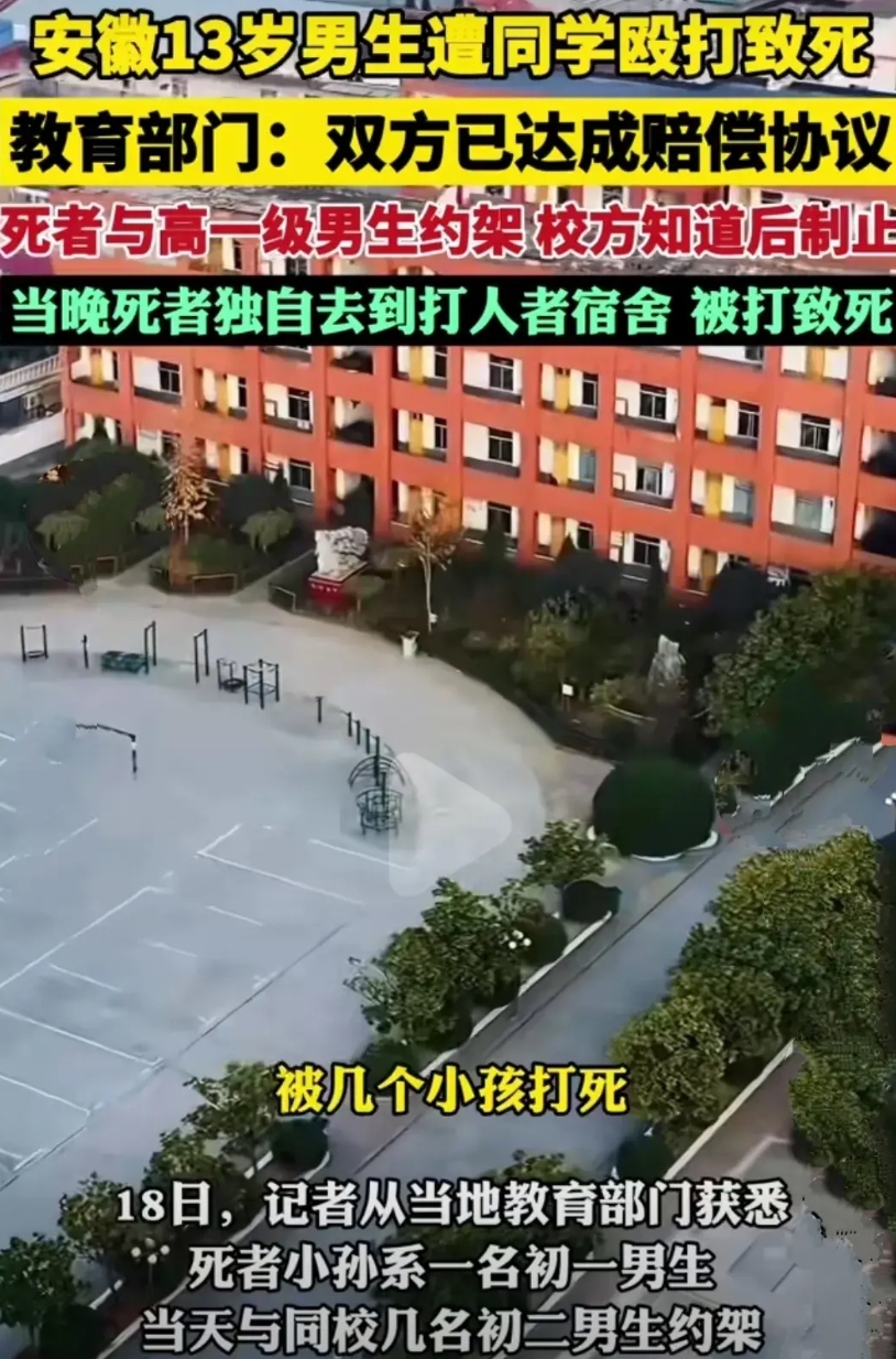头一次听说把人弄死了还能和解的，据媒体报道：安徽省淮南市一民办学校13岁孩子被5