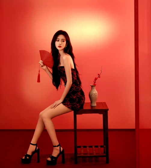 孟子义开工红裙图，复古红调下的优雅少女，红伞轻摇，美艳动人