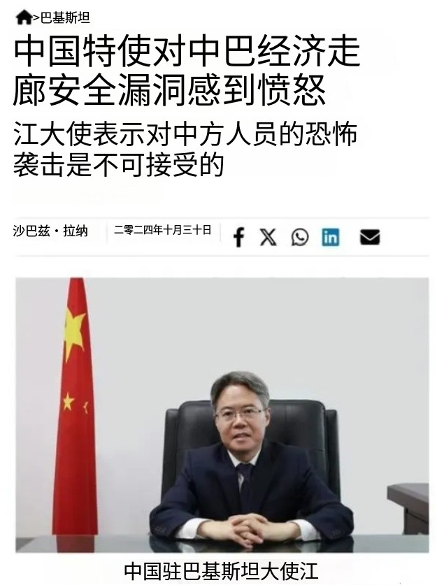 完了，“巴铁”不铁了！巴基斯坦公开指责中国大使！

10月31日，中国驻巴基斯坦