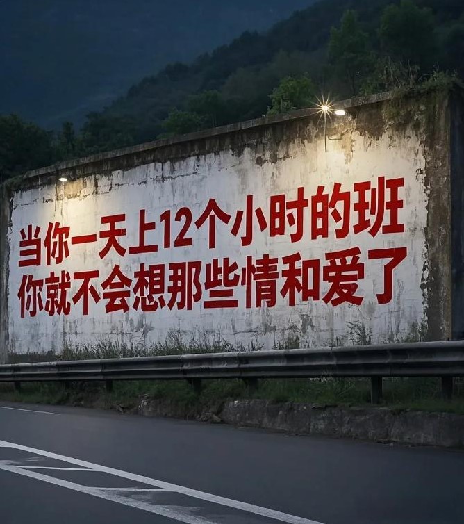 最近网络上火了一张图片，上面写着：“一天上12个小时的班，你就不会想那些情和爱了