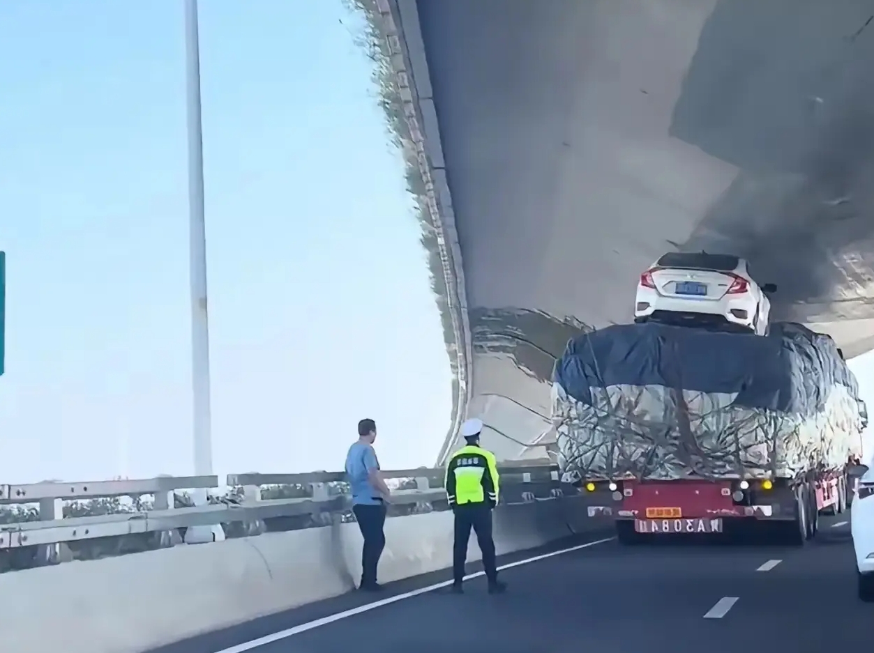 就连交警都看懵了！有哪位大神给我解释一下，这车是怎么开上去的？