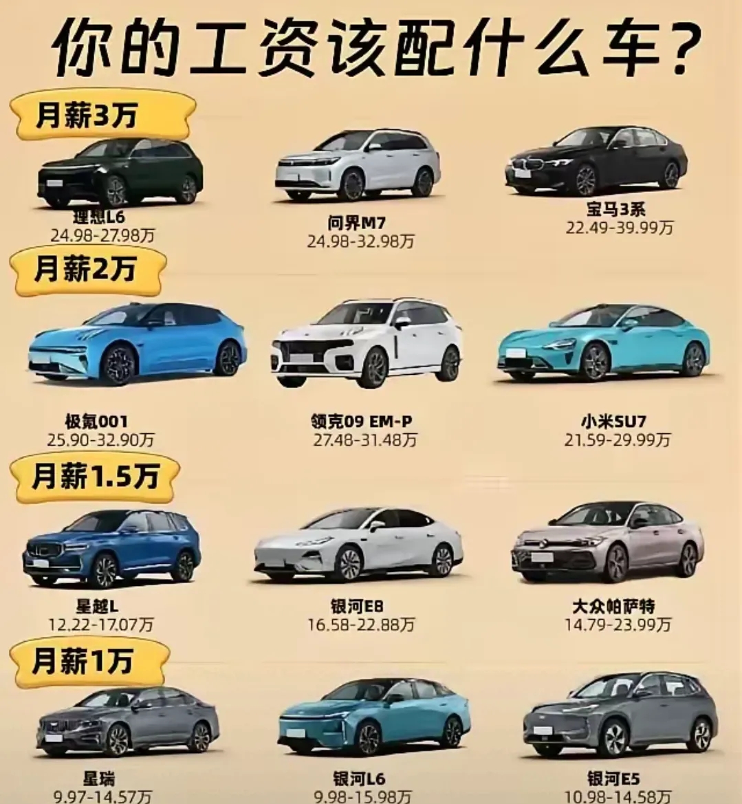 你一个月挣多少钱，看看开哪款车合适
