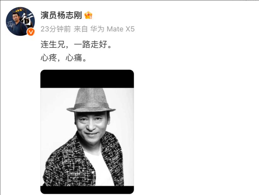 演员杨志刚发文悼念演员吴连生：“连生兄，一路走好。心疼，心痛。”据悉，资深演员吴