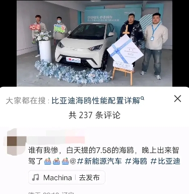 这哑巴亏吃得冤不冤！昨天有老哥花7万5喜提比亚迪海鸥，结果当天晚上就发现——这车
