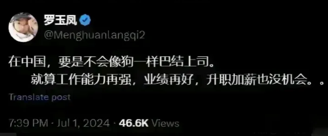 美籍华人罗玉凤在大洋彼岸大放厥词，她是这样说的：“在中国，你若不会像狗一样巴结上
