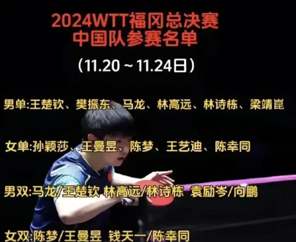 2024年日本福冈WTT总决赛，国乒最强阵容出战，他们是：

男单（6人）：
王