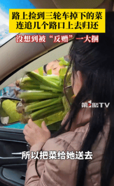 山东潍坊，菜农掉了一捆芹菜，女子为了归还狂追几条街！不料，女子递回芹菜后，菜农的