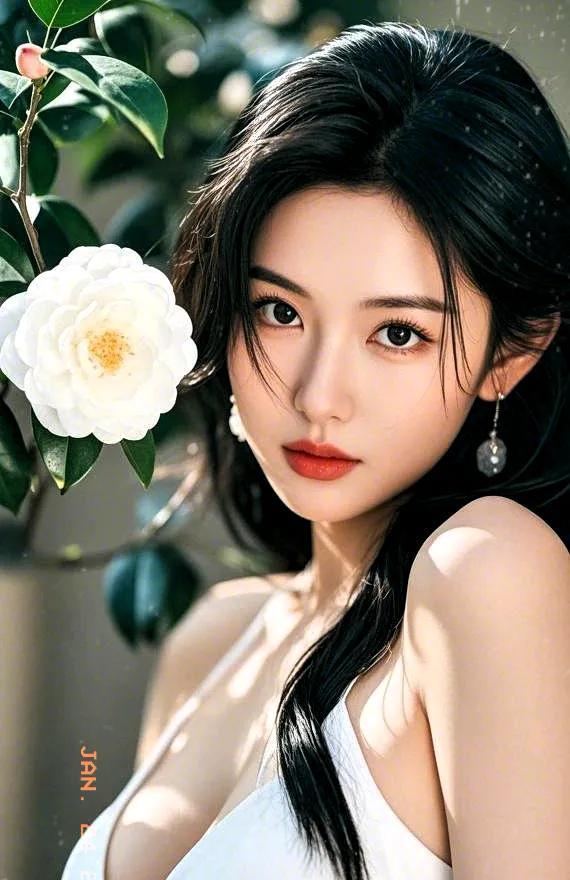 《花畔丽影》
乌发如丝衬玉颜，
素衣轻漾韵如兰。
琼花一朵添娇俏，
美目双凝蕴慧