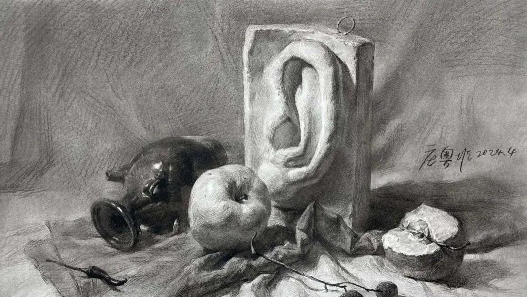 七个组合静物素描步骤图石膏耳朵苹果和深色罐子等