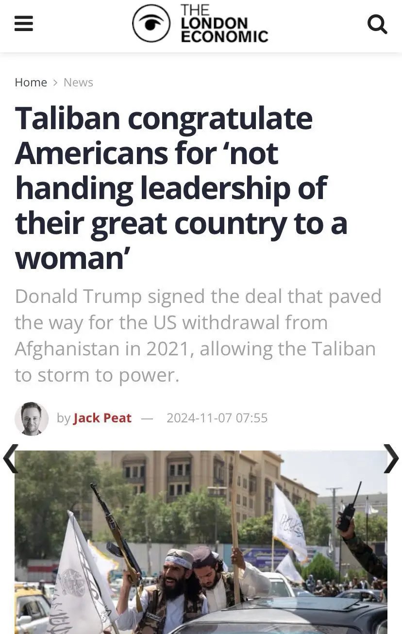 塔利班祝贺美国没有把国家交给女人领导。 ​​​