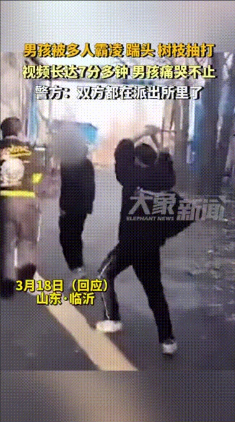 必须严惩！山东临沂，网传一男孩被多名男孩拳打脚踢、持树枝殴打。男孩被打倒在地上后