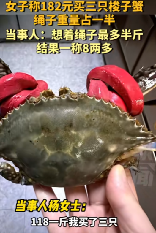 亏大了！重庆，一女子花182元买三只梭子蟹，本以为绳子重量顶多半斤，万万没想到，