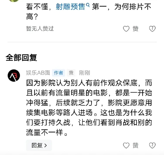 我看到很多人有个疑问：为什么《射雕》预售这么高了，电影院还是不肯给高排片。原因有
