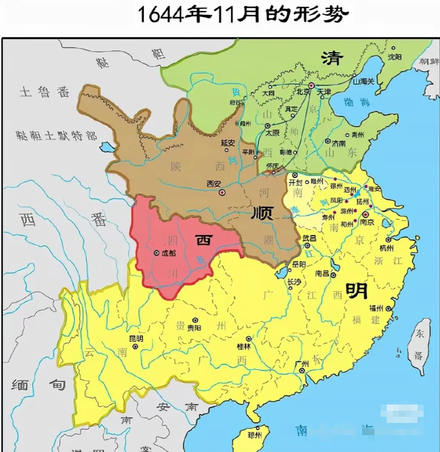 难道南明君臣竟无丝毫国家意识乎？审视1644年11月之形势图，南明无疑坐拥地利之