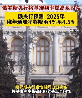 【俄罗斯央行将基准利率提高至19%】俄罗斯央行当地时间9月13日宣布，将基准利率