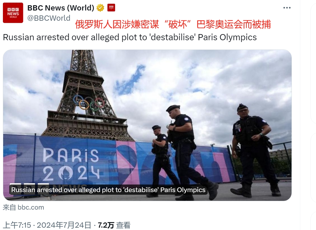 法国逮捕一名涉嫌破坏奥运会的俄罗斯人

根据BBC的报道，7月21日，法国逮捕了