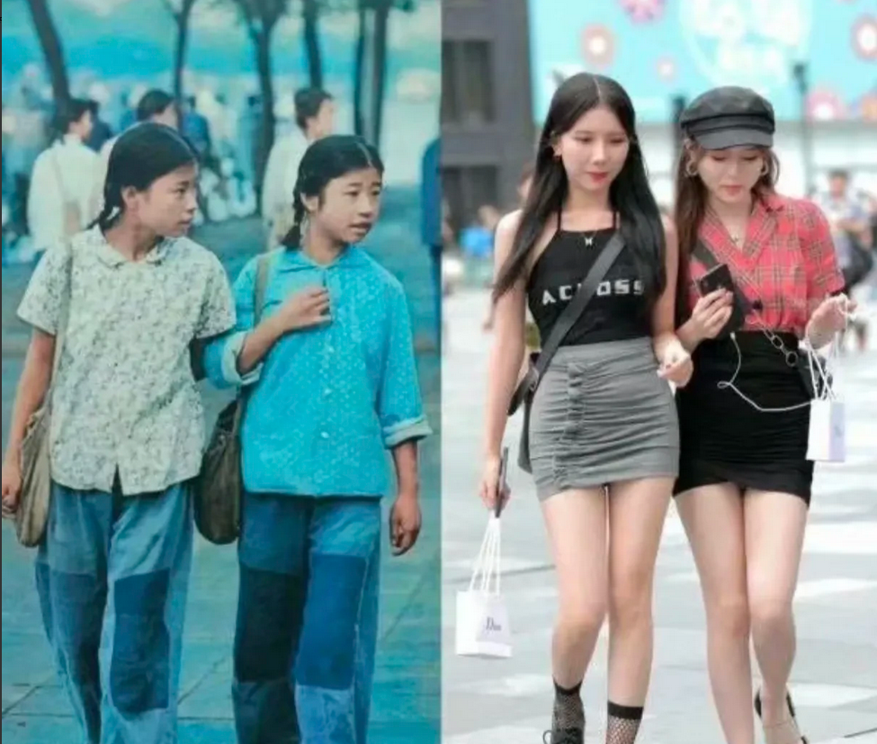 这张照片是两个年代的参照。左边是1980年两位女高中生在上学途中的照片，身上穿的