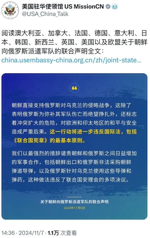 美国驻华使领馆今天（11月7日）转发了澳大利亚、加拿大、法国、德国、意大利、日本