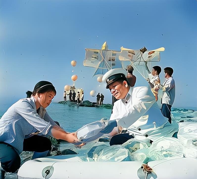 1980年9月中秋节前，福建沿海，军民们将月饼放在气球、风筝以及橡皮舟上，以空飘