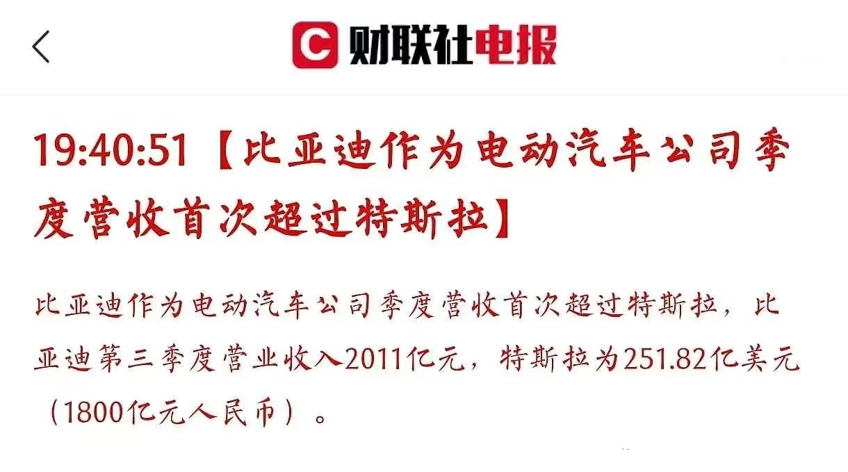 比亚迪电动车季度营收首次超过特斯拉。