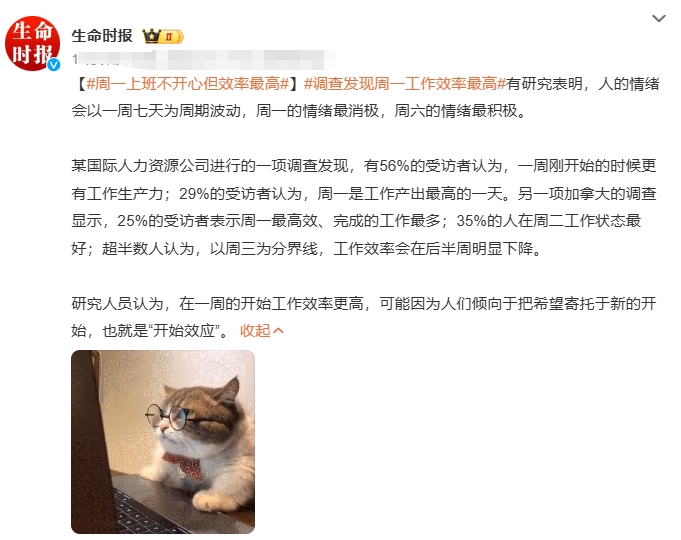 调查发现周一工作效率最高