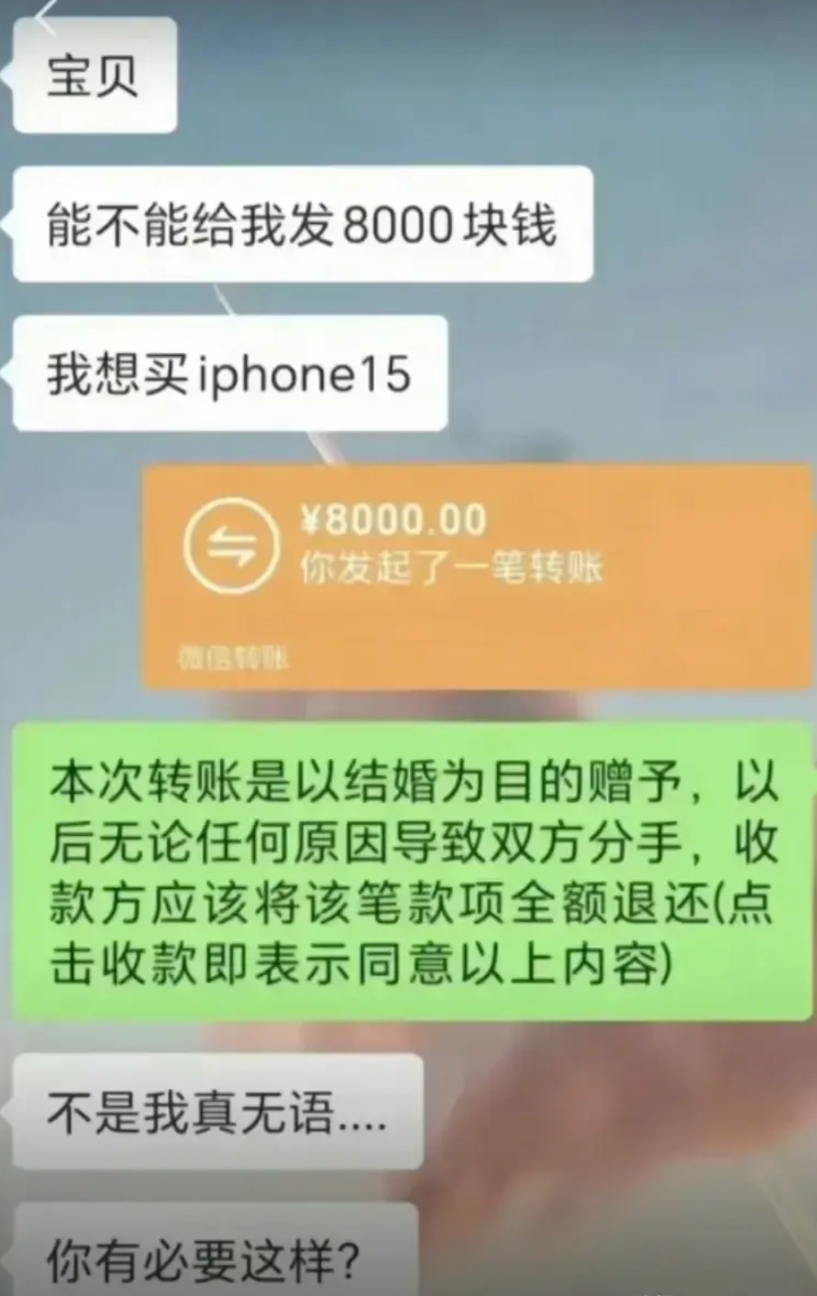 女孩向男朋友要8000元，买水果牌手机。男朋友没迟疑，立马转款，后面附个说明。女
