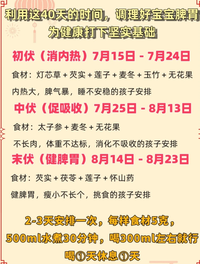 今年三伏天从7月15-8月23，共40天，是养生黄金期，也是孩子调理脾胃、增强体