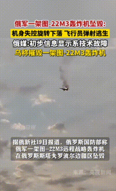 俄军一架战略轰炸机坠毁，俄新社19日报道，俄罗斯国防部称，俄军一架图-22M3远