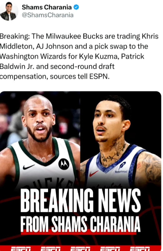NBA大交易又来了！
根据著名记者shams报道，雄鹿队将米德尔顿、AJ·约翰逊