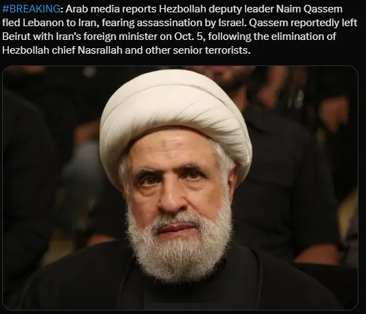 突发：真主党副领导人纳伊姆·卡西姆因担心遭到以色列暗杀而逃离黎巴嫩前往伊朗