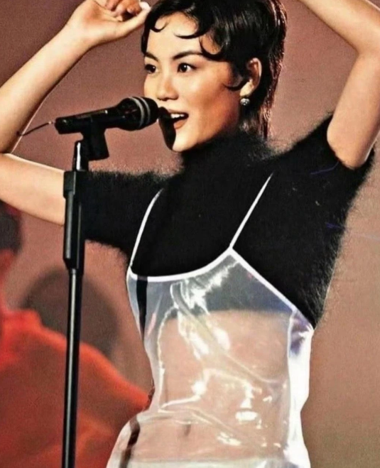 王菲这造型真够大胆的，直接穿着一条透明塑料吊带裙现身，那造型简直让人惊掉下巴。