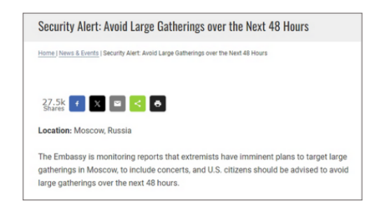 美国提前通知俄罗斯恐怖袭击?假的!消息称，3月 24日，俄罗斯驻美大使阿纳托利安