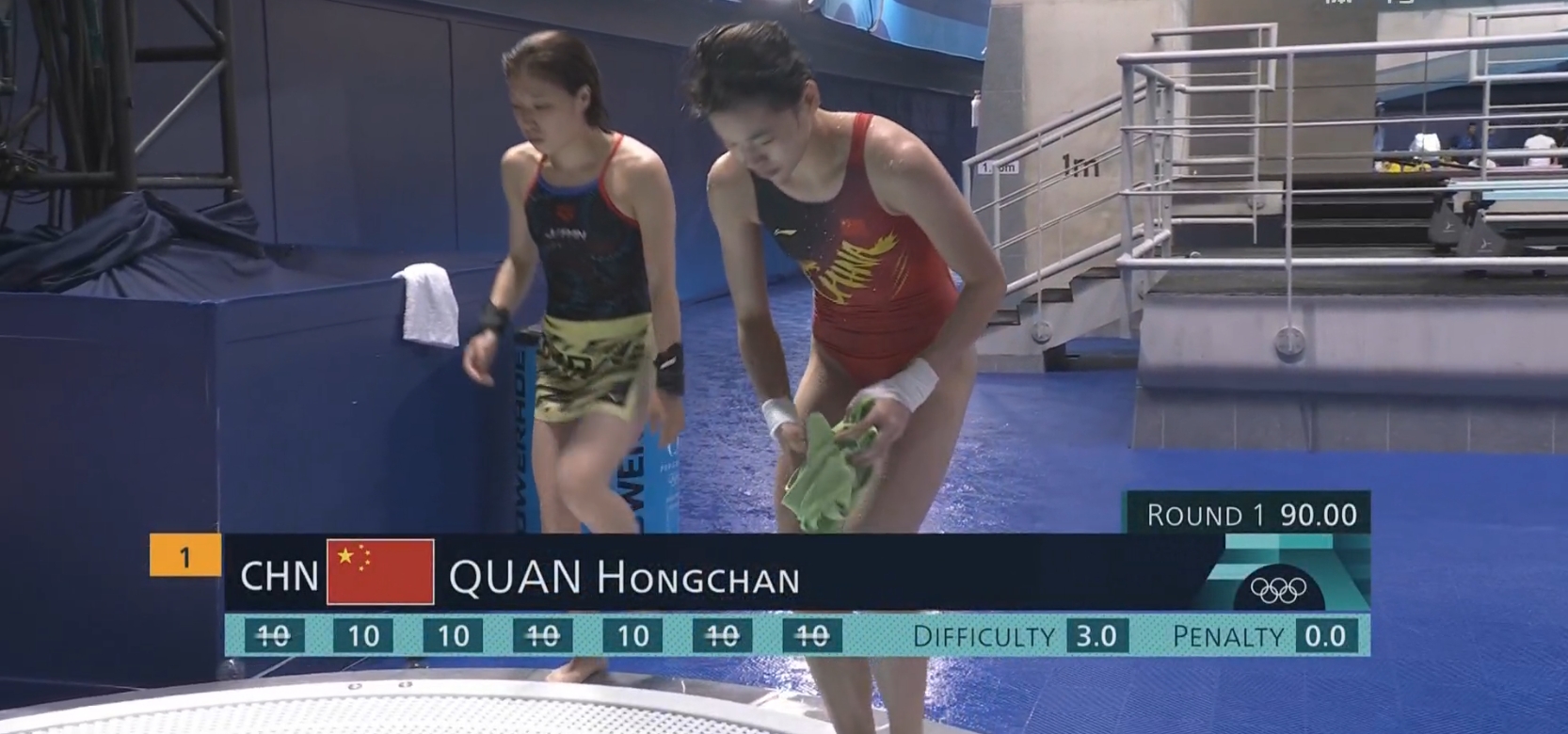 巴黎奥运会跳水女子十米跳台决赛，全红婵第一跳就获得全部10分满分。
​巴黎奥运会