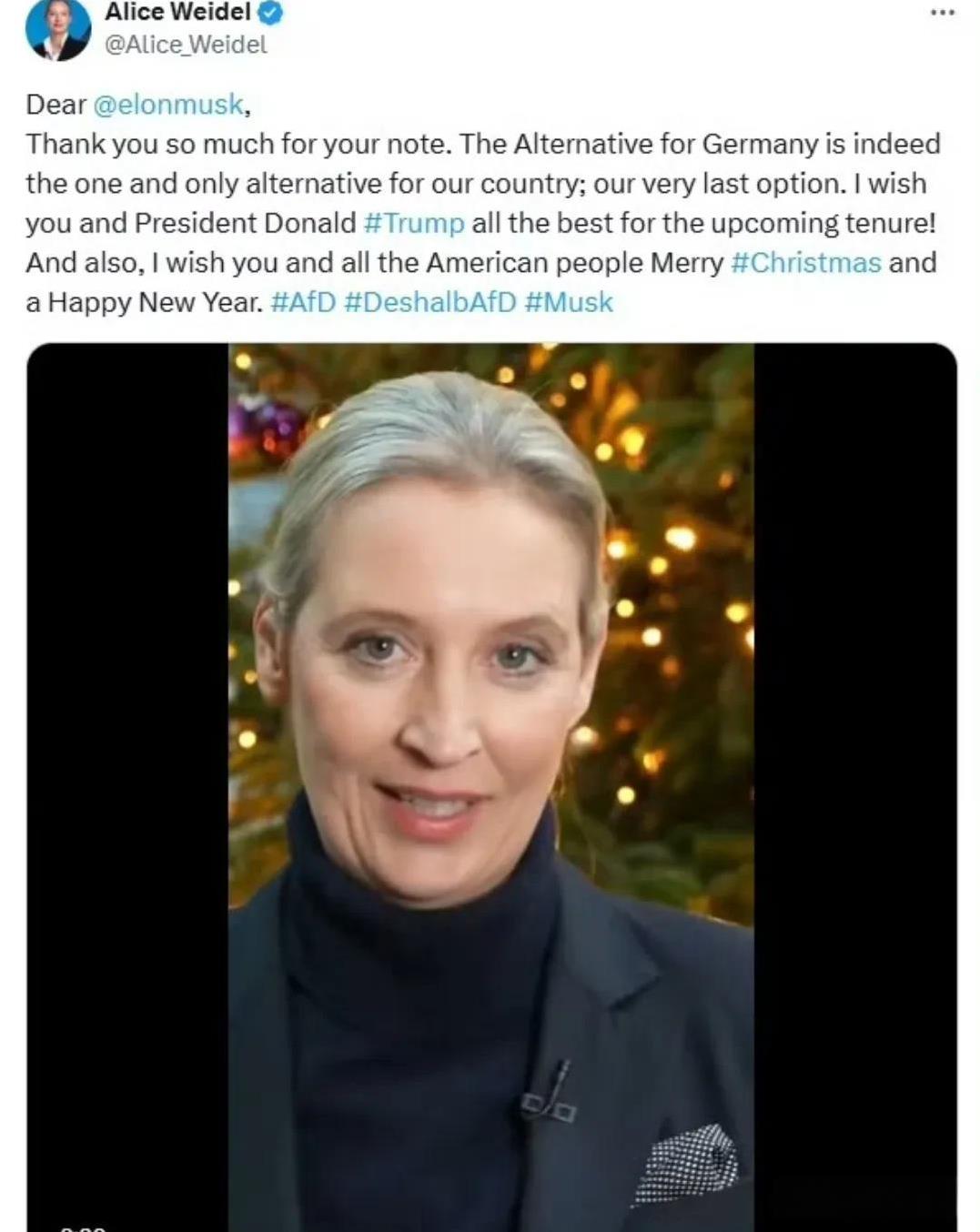 马斯克表态支持德国选择党（AfD），AfD领导人爱丽丝·魏德尔发帖感谢马斯克，称