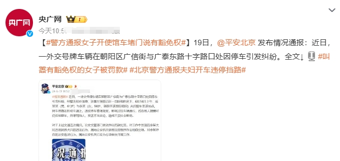 该女子开使馆车辆在公共路段停车并不遵守交通规定，还辱骂他人，这种行为是不应该被容