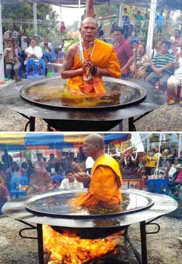 高僧表演「滚油锅里打坐」，被游客当场揭穿穿，原來套路这么深