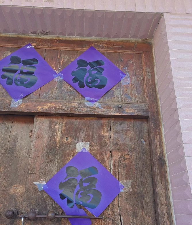 订婚了，今天第一次跟未婚夫回老家过年，没事儿，在村里闲逛的时候，看到有一家门上竟