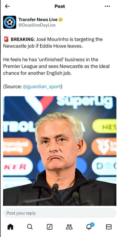 重磅消息：穆里尼奥想要执教纽卡斯尔重返英超证明自己！
穆里尼奥：只要你要抛出橄榄