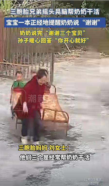 真的是奶奶的好帮手！

在湖南邵阳的一户农家院子里面，三胞胎兄弟正在帮着奶奶搬东