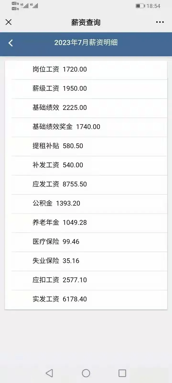 2023年7月工资单
        岗位工资1720元，薪级工资1950元，实