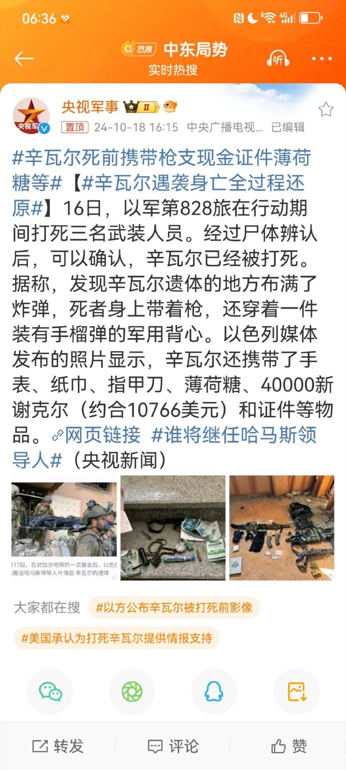 辛瓦尔死前携带枪支现金证件薄荷糖等