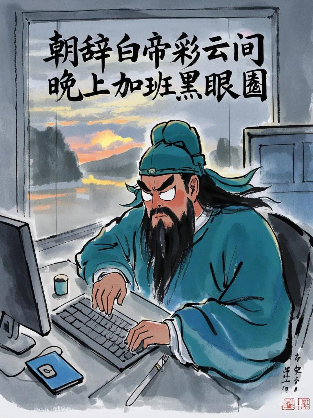 朝辞白帝彩云间，晚上加班黑眼圈
