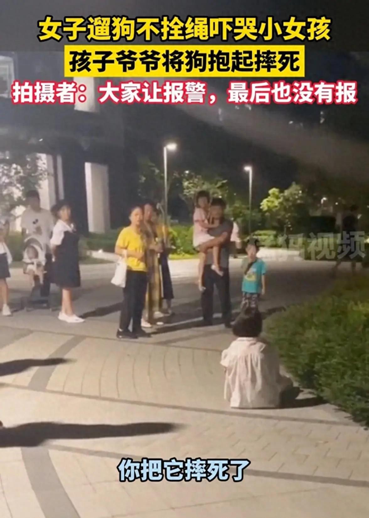 “不栓狗绳，直接摔死！”在浙江杭州的一个小区里，一位女士遛她的小狗时没给它拴绳。