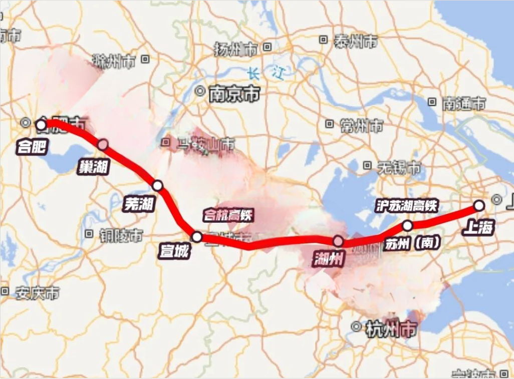 合肥去上海高铁通道有最快的路径么？

答案是有，那就是由合杭高铁以及沪苏湖高铁所