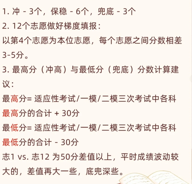 志愿填报技巧：

1. 冲 - 3个，保稳 - 6个，兜底 - 3个

2. 1