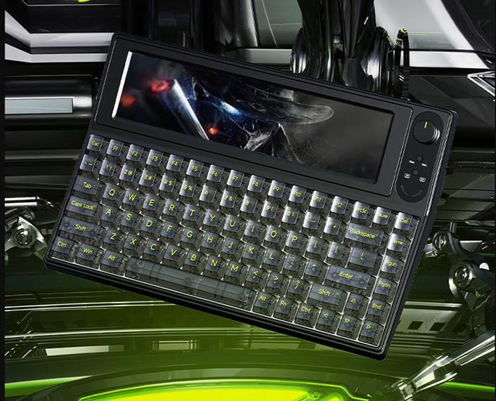 黑爵“AKP846”的有线机械键盘，这款键盘配备 10.1 英寸屏幕，主打“红白