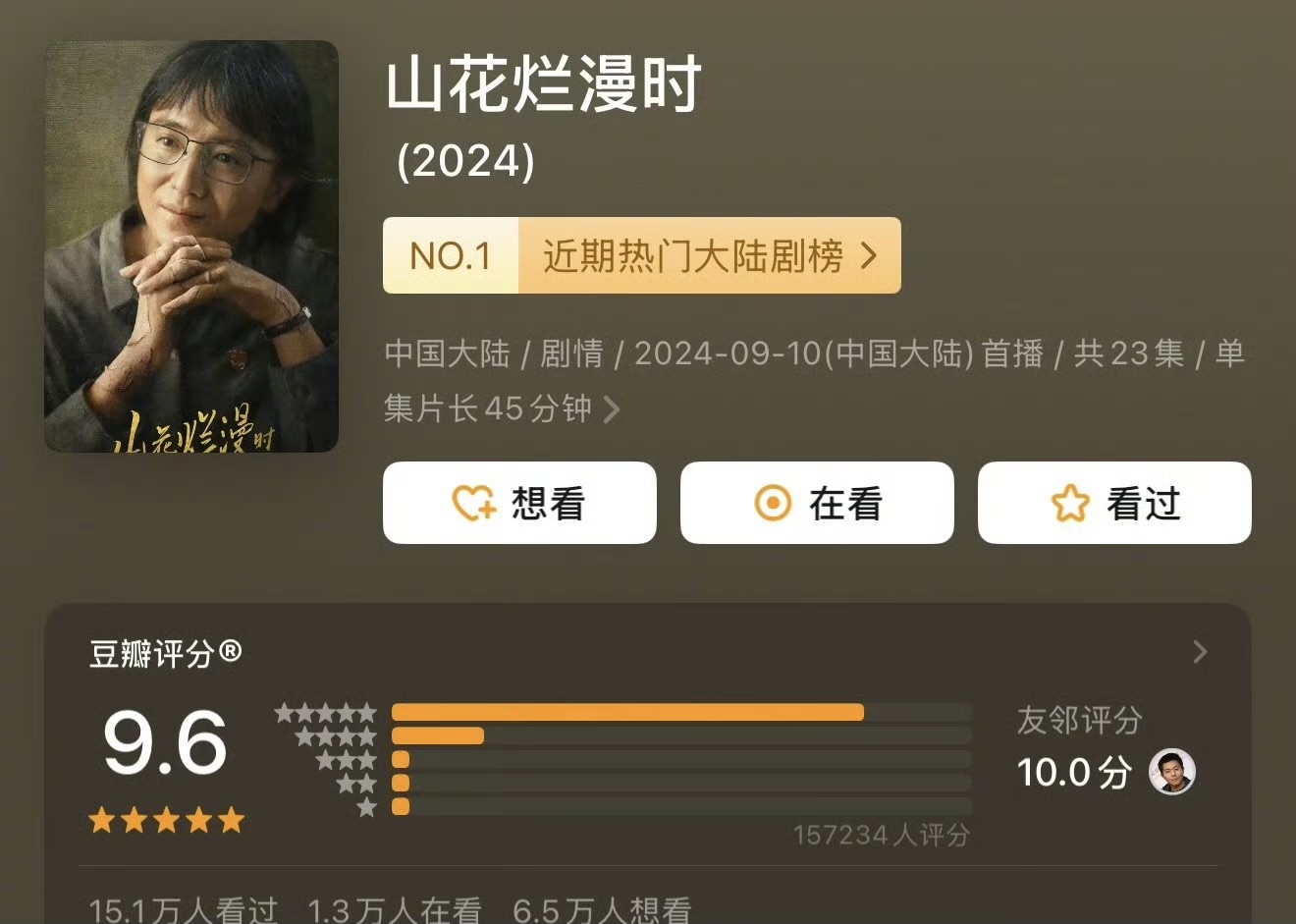 宋佳《山花烂漫时》豆瓣评分已经上升至9.6分了