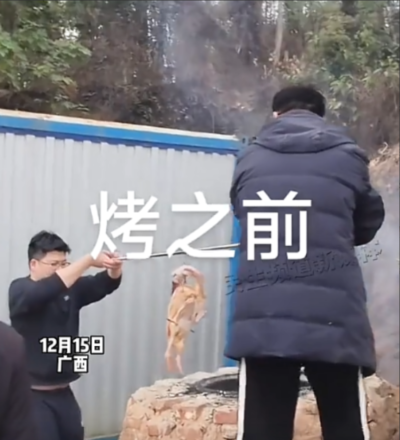 烤鸭变黑鸭，一个字：绝！广西的一户人家当中，用砖块支起的一个土灶正熊熊烧着大火，