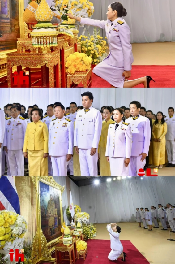 佩通坦向画像行跪拜大礼，即便你是泰国总理也得向泰国王室下跪。